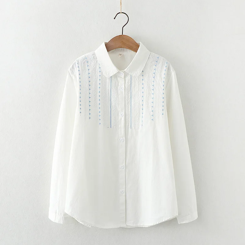 Autumn New Women Embroidery Cotton White Shirt Full Sleeve Turn Down Collar Ruched Casual Blouse Spring Office Lady Work Wear