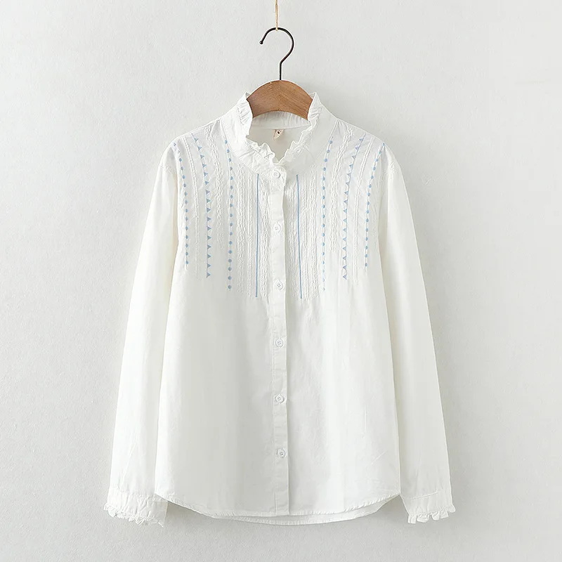 Autumn New Women Embroidery Cotton White Shirt Full Sleeve Turn Down Collar Ruched Casual Blouse Spring Office Lady Work Wear