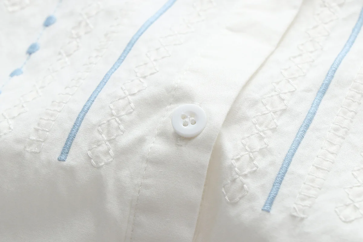 Autumn New Women Embroidery Cotton White Shirt Full Sleeve Turn Down Collar Ruched Casual Blouse Spring Office Lady Work Wear