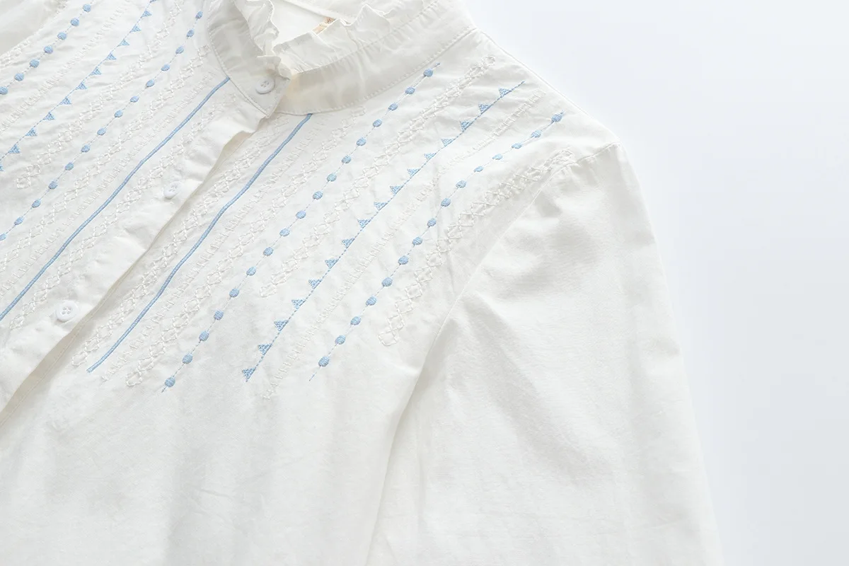 Autumn New Women Embroidery Cotton White Shirt Full Sleeve Turn Down Collar Ruched Casual Blouse Spring Office Lady Work Wear