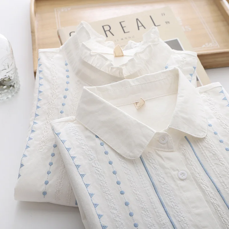 Autumn New Women Embroidery Cotton White Shirt Full Sleeve Turn Down Collar Ruched Casual Blouse Spring Office Lady Work Wear