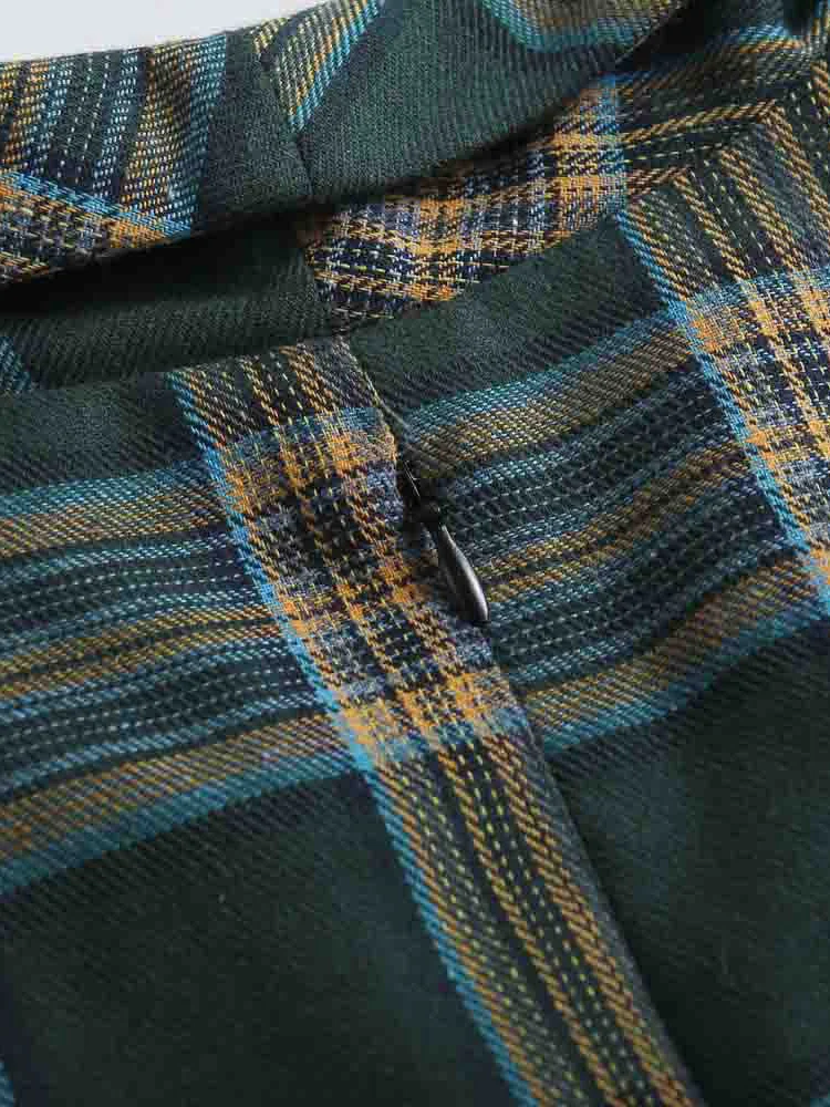 Tonval Turn-down Collar Button Up Green Plaid 2022 Autumn Winter Clothes Dresses Vintage Robe Women Elegant Swing Dress Retro
