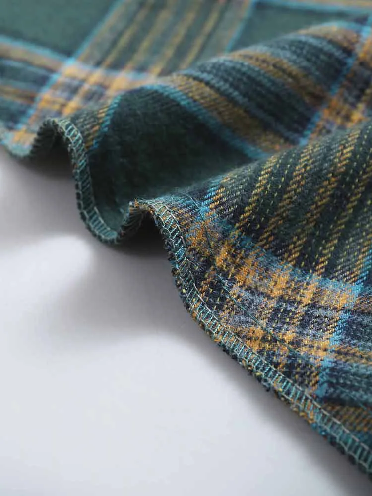 Tonval Turn-down Collar Button Up Green Plaid 2022 Autumn Winter Clothes Dresses Vintage Robe Women Elegant Swing Dress Retro
