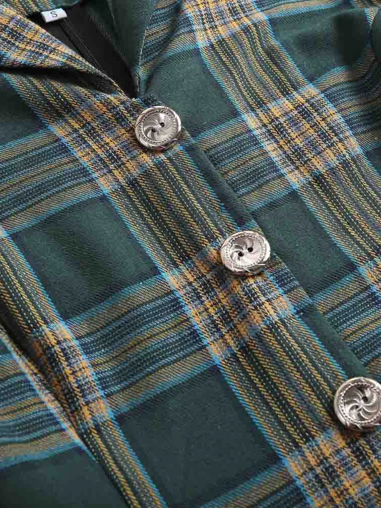 Tonval Turn-down Collar Button Up Green Plaid 2022 Autumn Winter Clothes Dresses Vintage Robe Women Elegant Swing Dress Retro