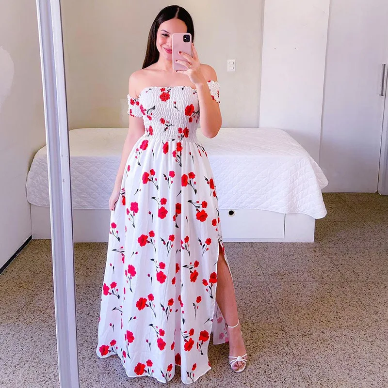 Women Fashion One Shoulder Printed Split Sweet and Elegant Butterfly Rainbow Long Dress lady dresses flower Solid colorful