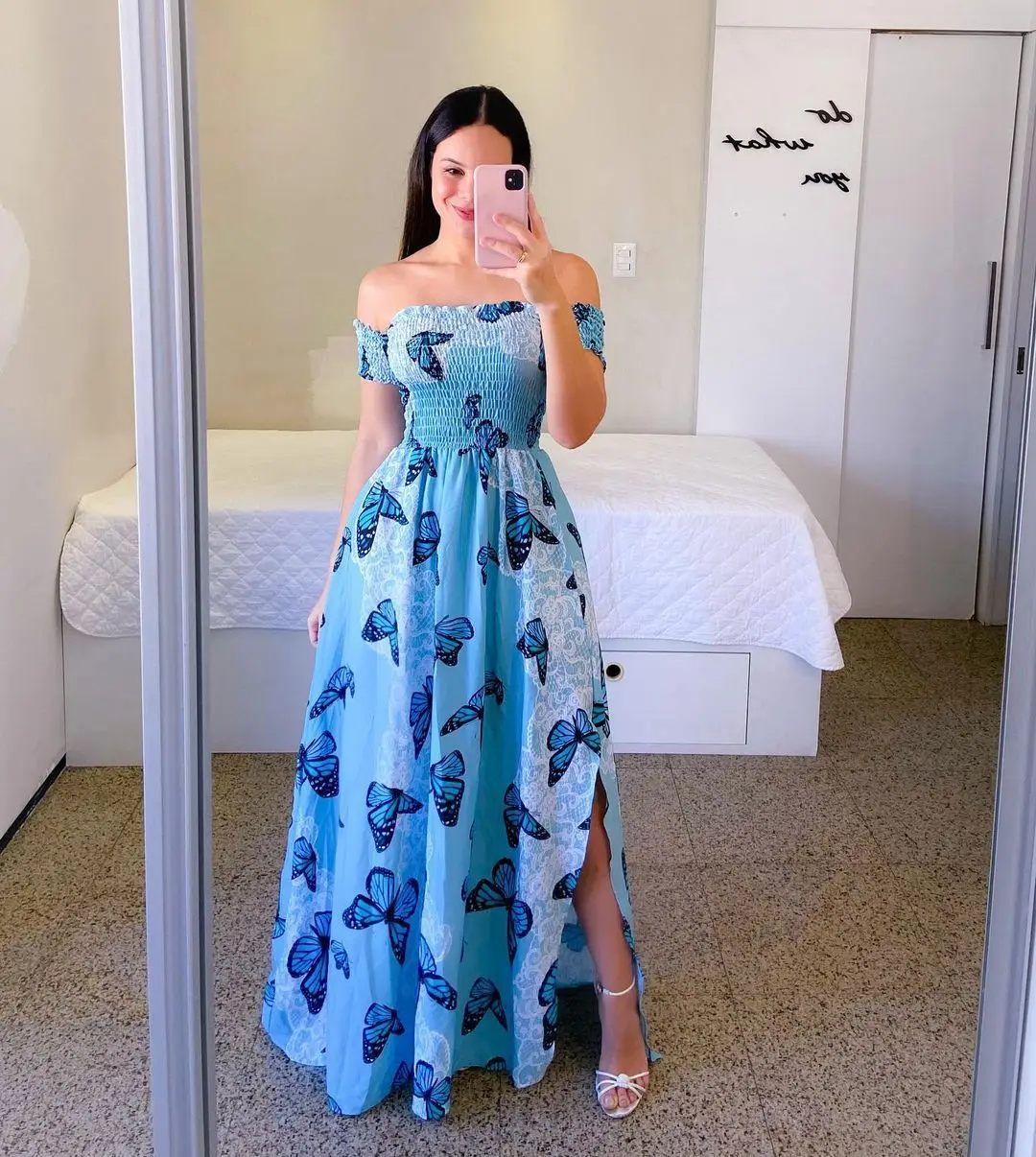 Women Fashion One Shoulder Printed Split Sweet and Elegant Butterfly Rainbow Long Dress lady dresses flower Solid colorful