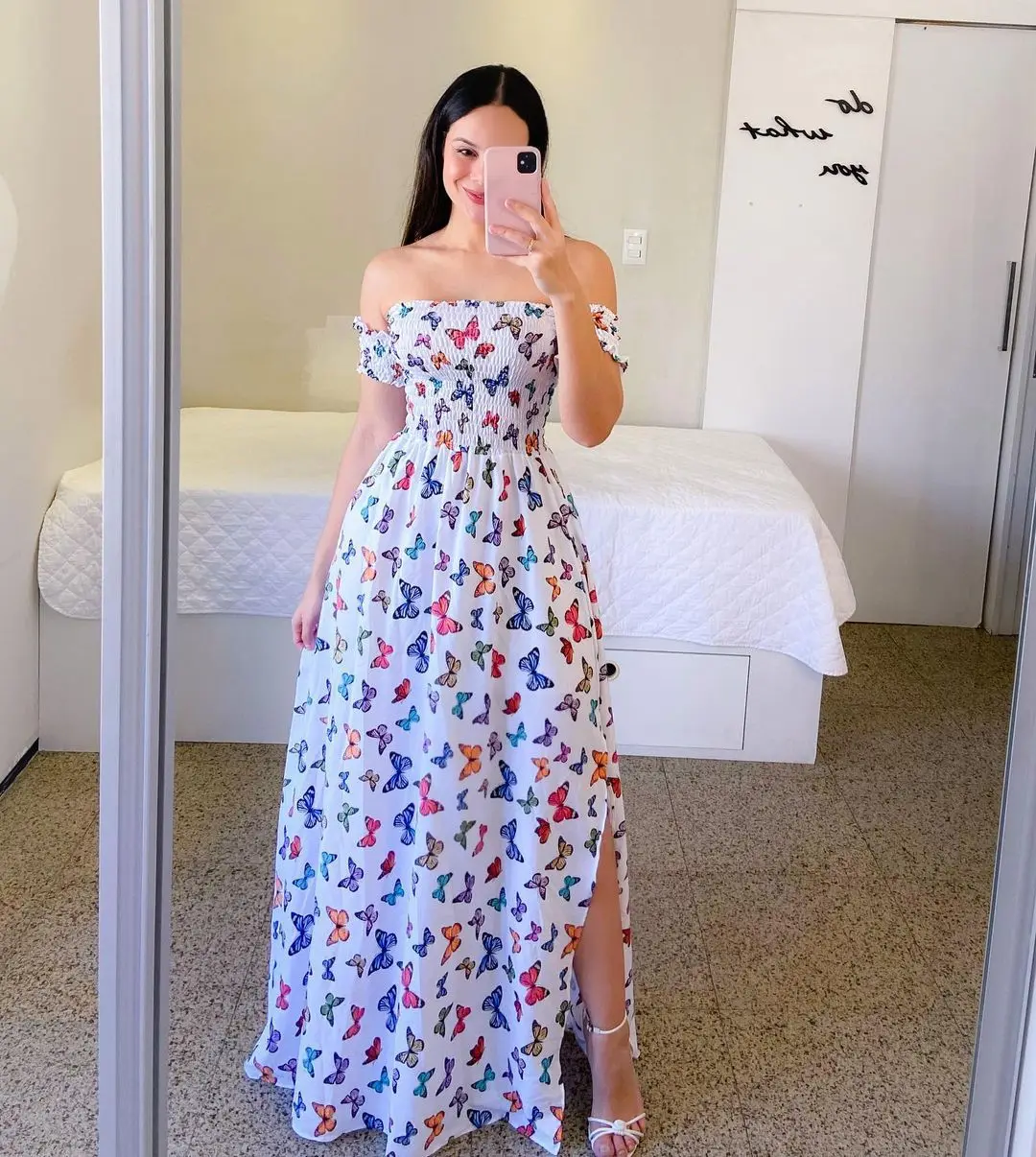 Women Fashion One Shoulder Printed Split Sweet and Elegant Butterfly Rainbow Long Dress lady dresses flower Solid colorful