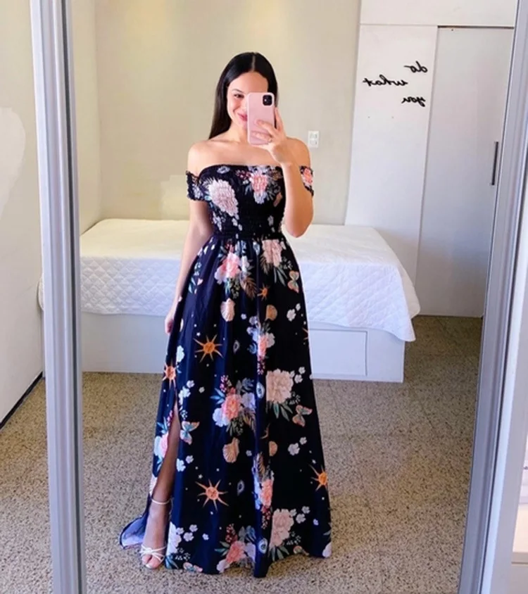 Women Fashion One Shoulder Printed Split Sweet and Elegant Butterfly Rainbow Long Dress lady dresses flower Solid colorful