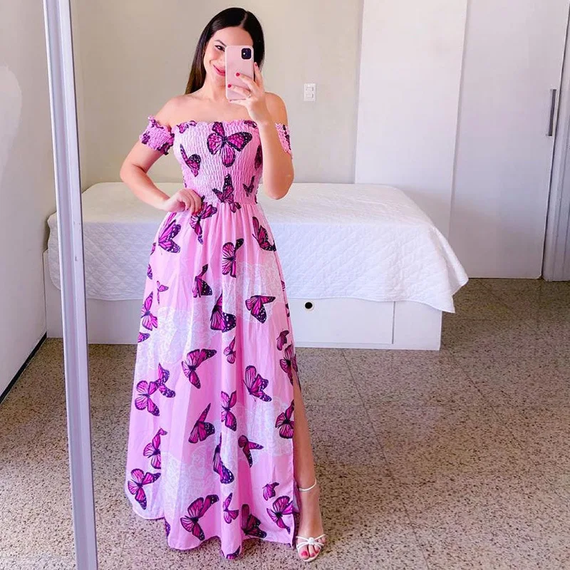 Women Fashion One Shoulder Printed Split Sweet and Elegant Butterfly Rainbow Long Dress lady dresses flower Solid colorful