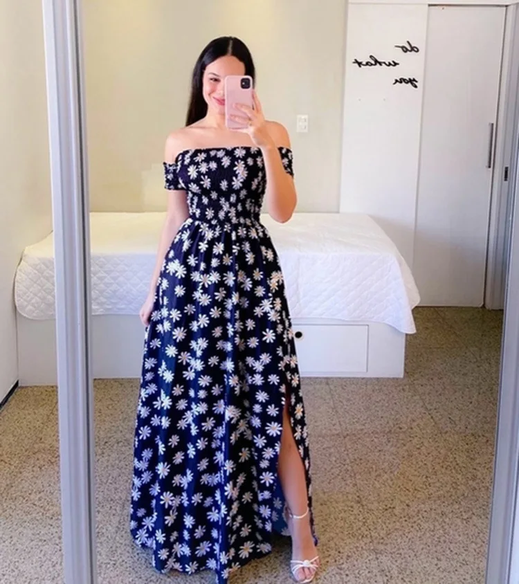 Women Fashion One Shoulder Printed Split Sweet and Elegant Butterfly Rainbow Long Dress lady dresses flower Solid colorful