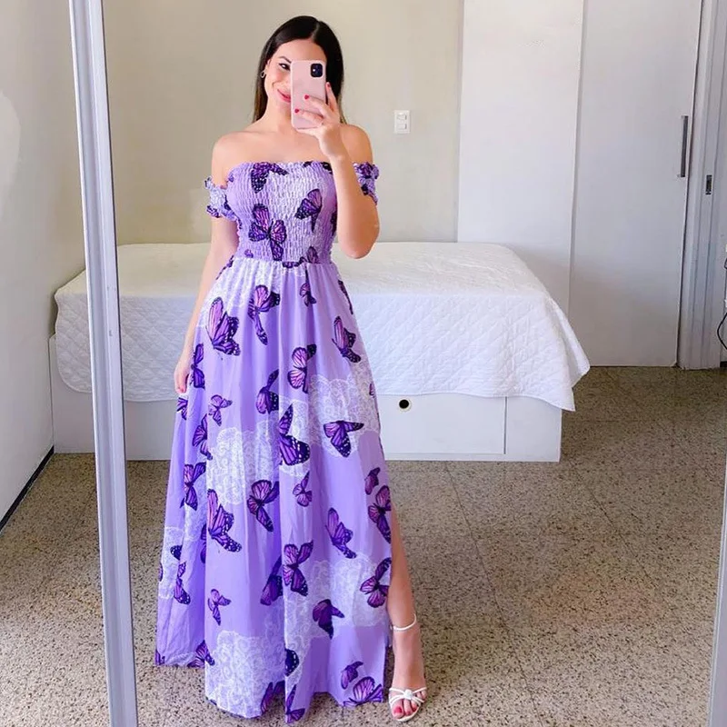 Women Fashion One Shoulder Printed Split Sweet and Elegant Butterfly Rainbow Long Dress lady dresses flower Solid colorful