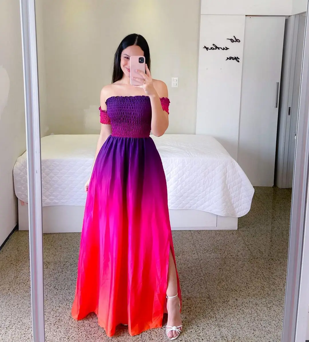 Women Fashion One Shoulder Printed Split Sweet and Elegant Butterfly Rainbow Long Dress lady dresses flower Solid colorful
