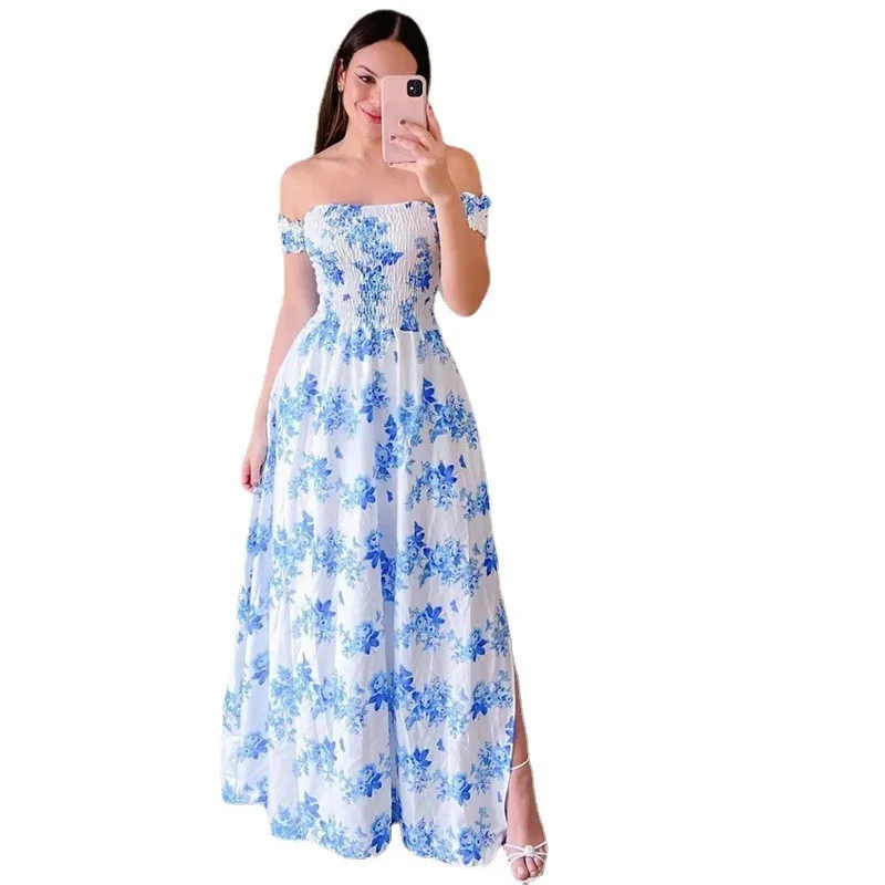 Women Fashion One Shoulder Printed Split Sweet and Elegant Butterfly Rainbow Long Dress lady dresses flower Solid colorful