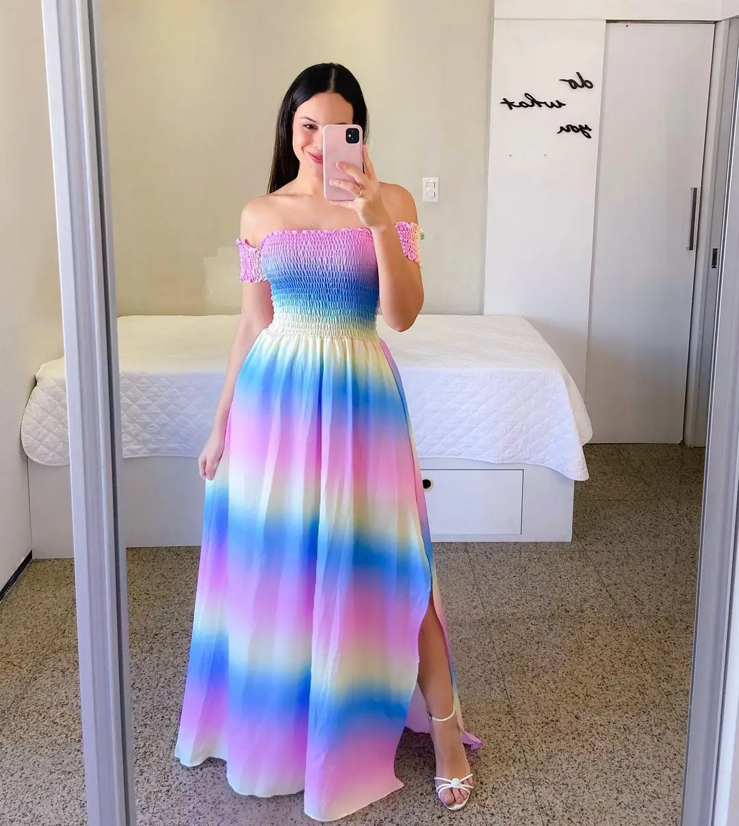 Women Fashion One Shoulder Printed Split Sweet and Elegant Butterfly Rainbow Long Dress lady dresses flower Solid colorful