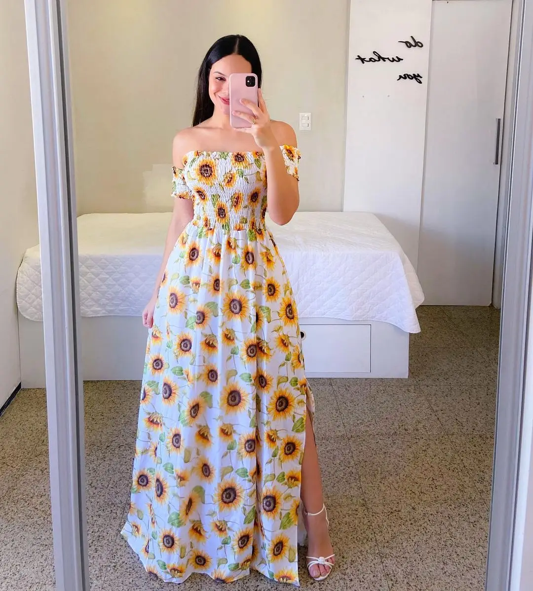 Women Fashion One Shoulder Printed Split Sweet and Elegant Butterfly Rainbow Long Dress lady dresses flower Solid colorful