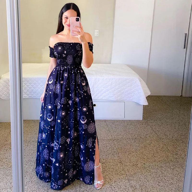 Women Fashion One Shoulder Printed Split Sweet and Elegant Butterfly Rainbow Long Dress lady dresses flower Solid colorful