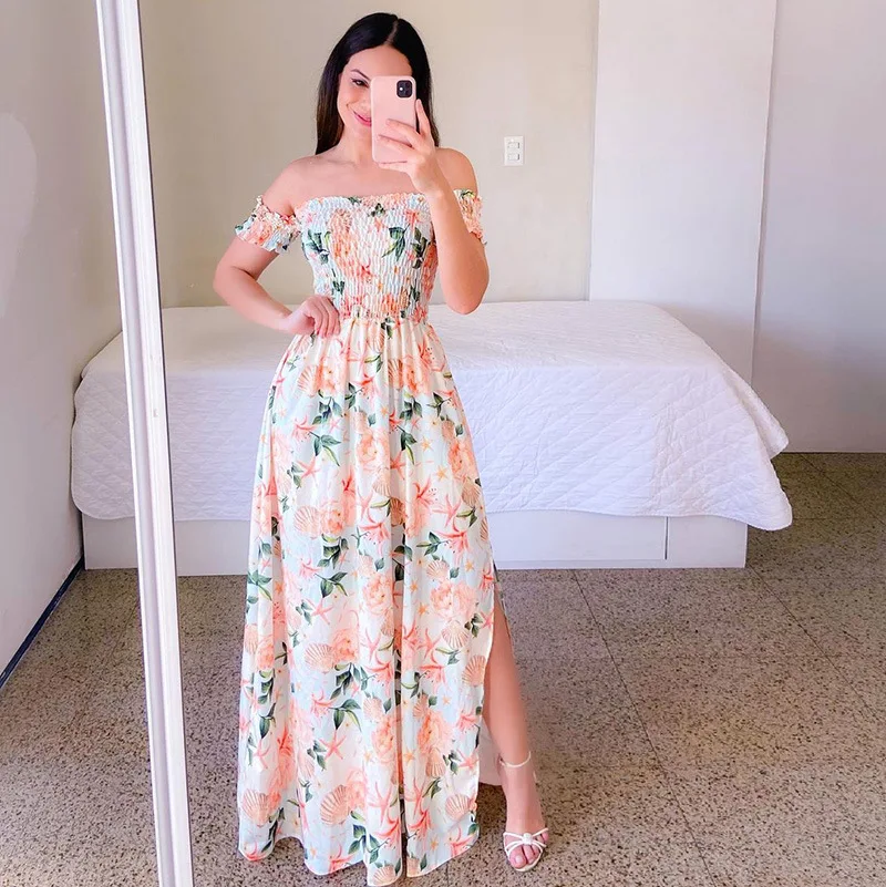 Women Fashion One Shoulder Printed Split Sweet and Elegant Butterfly Rainbow Long Dress lady dresses flower Solid colorful