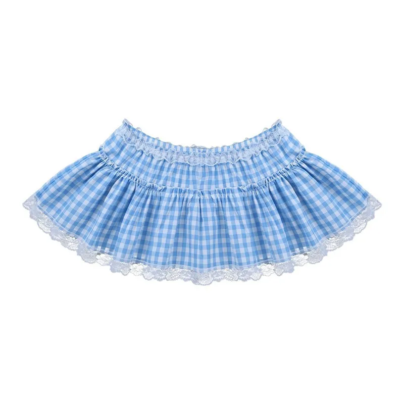 Women Y2K Lace Mini Skirt Summer Plaid Gingham Ruffle Short Fairy Princess Sexy Low Rise Pleated A-line Skirts Lolita 2000s