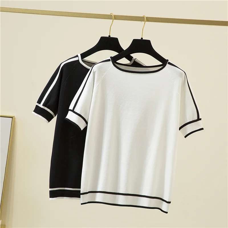 Camisetas Mujer New Thin Knitted T Shirt Women Short Sleeve Summer Tops Woman Clothes Striped Fashion T-Shirt Tee Shirt Femme