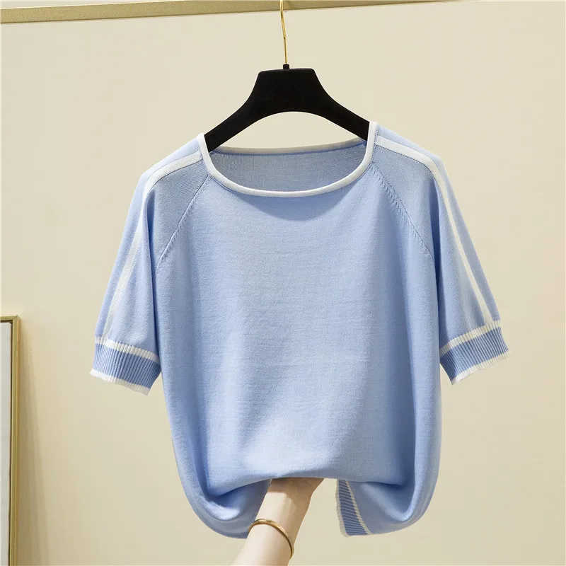 Camisetas Mujer New Thin Knitted T Shirt Women Short Sleeve Summer Tops Woman Clothes Striped Fashion T-Shirt Tee Shirt Femme