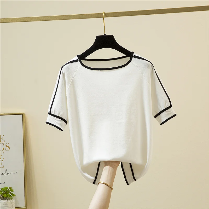 Camisetas Mujer New Thin Knitted T Shirt Women Short Sleeve Summer Tops Woman Clothes Striped Fashion T-Shirt Tee Shirt Femme