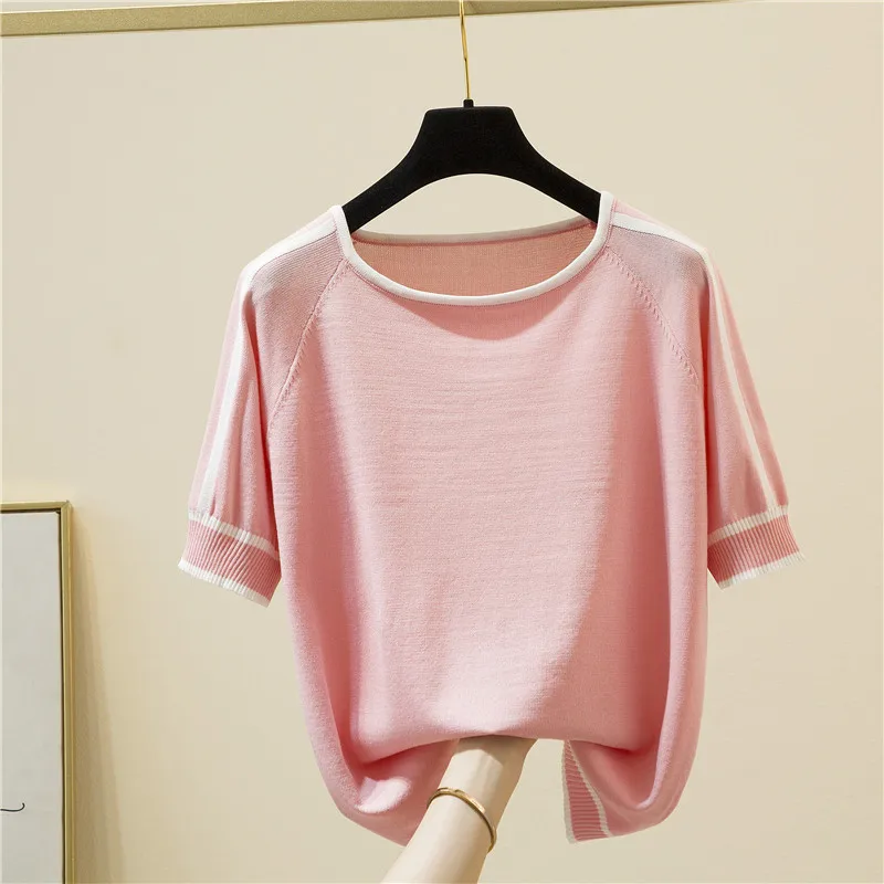 Camisetas Mujer New Thin Knitted T Shirt Women Short Sleeve Summer Tops Woman Clothes Striped Fashion T-Shirt Tee Shirt Femme