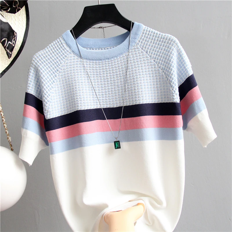 Camisetas Mujer New Thin Knitted T Shirt Women Short Sleeve Summer Tops Woman Clothes Striped Fashion T-Shirt Tee Shirt Femme