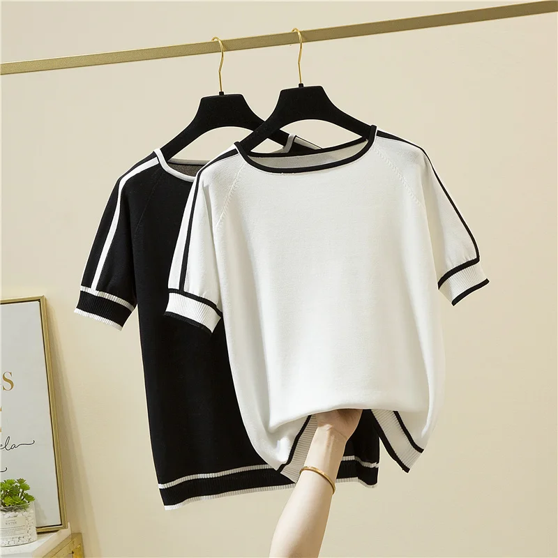Camisetas Mujer New Thin Knitted T Shirt Women Short Sleeve Summer Tops Woman Clothes Striped Fashion T-Shirt Tee Shirt Femme