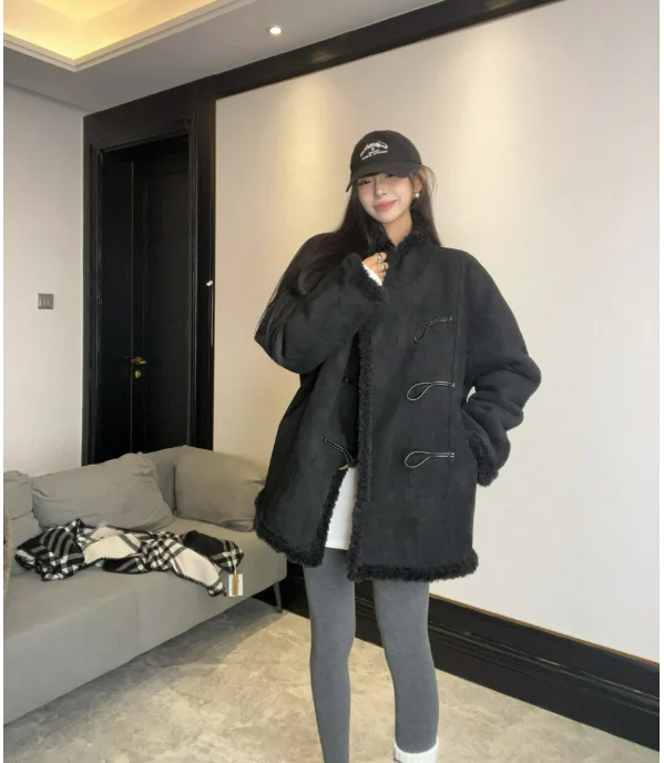 Women Double-sided Wear Loving Heart Lamb Wool Coat Winter New Female Loose Casual Padded Jacket Fashion Stand-up Collar Outwear