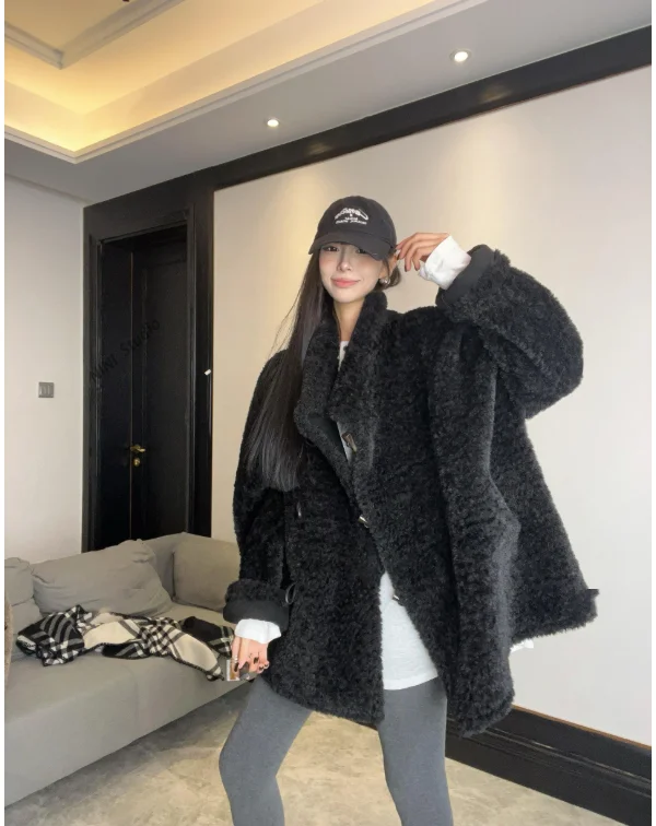 Women Double-sided Wear Loving Heart Lamb Wool Coat Winter New Female Loose Casual Padded Jacket Fashion Stand-up Collar Outwear
