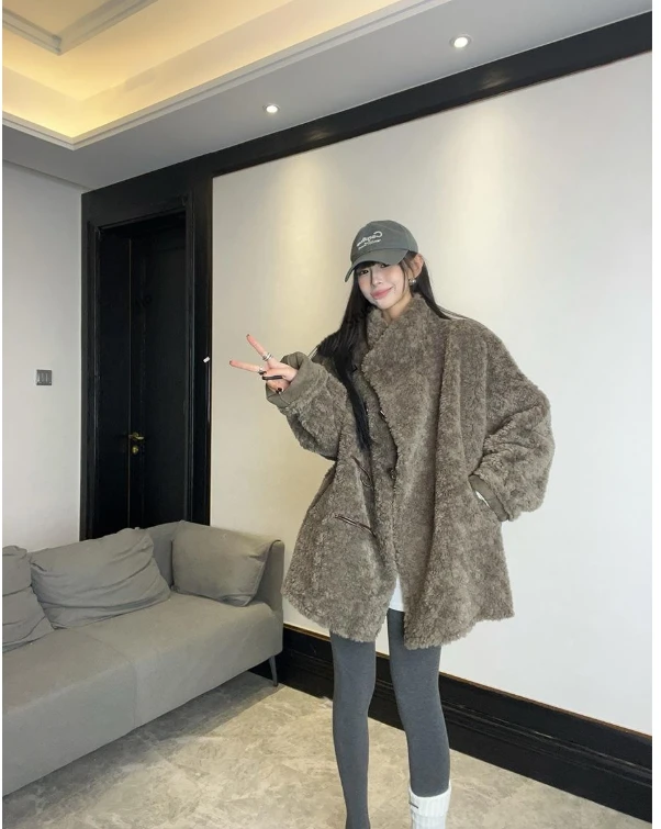 Women Double-sided Wear Loving Heart Lamb Wool Coat Winter New Female Loose Casual Padded Jacket Fashion Stand-up Collar Outwear
