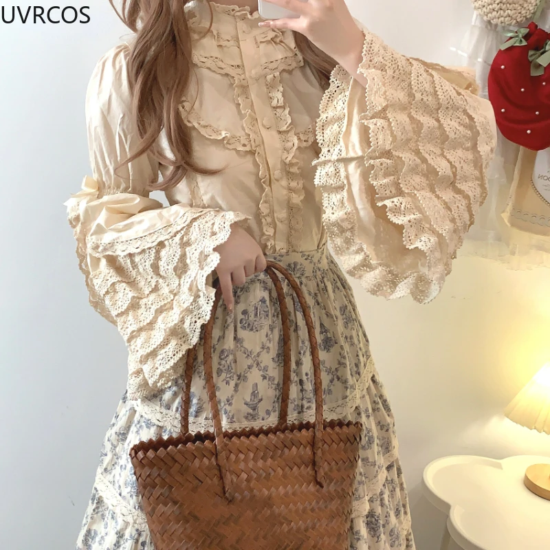 Japanese Gothic Lolita Style Shirts Women Victorian Vintage Lace Bow Long Sleeves Blouse Female Elegant Ruffles Collar Slim Tops