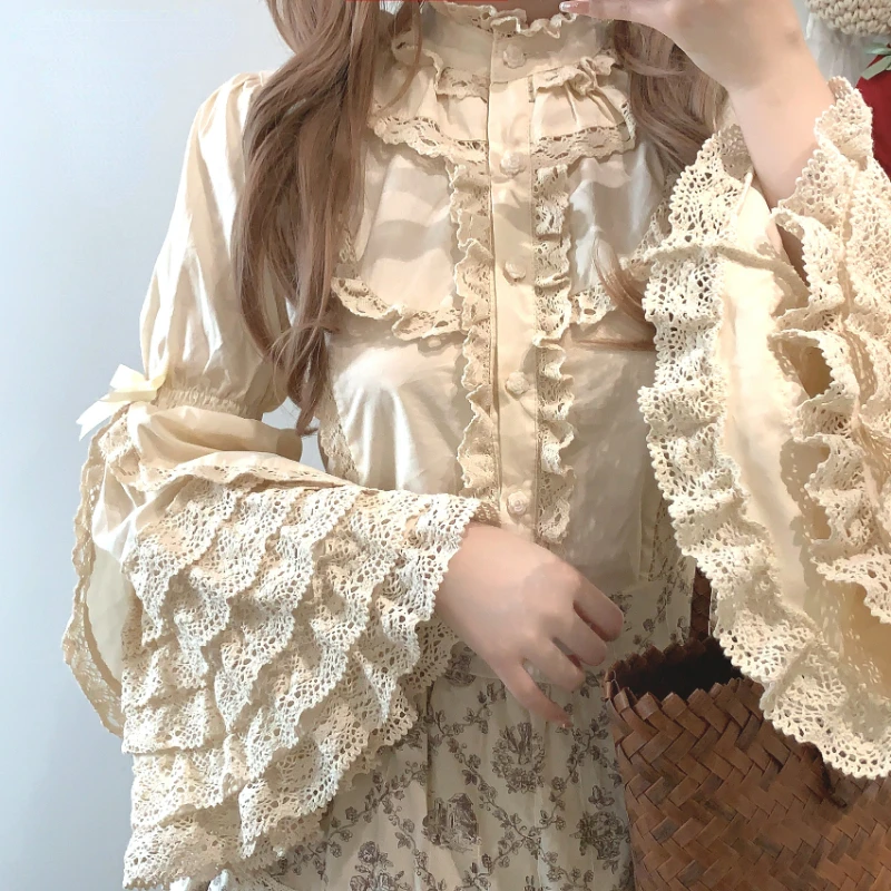 Japanese Gothic Lolita Style Shirts Women Victorian Vintage Lace Bow Long Sleeves Blouse Female Elegant Ruffles Collar Slim Tops