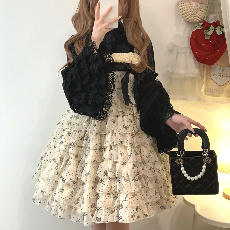Japanese Gothic Lolita Style Shirts Women Victorian Vintage Lace Bow Long Sleeves Blouse Female Elegant Ruffles Collar Slim Tops