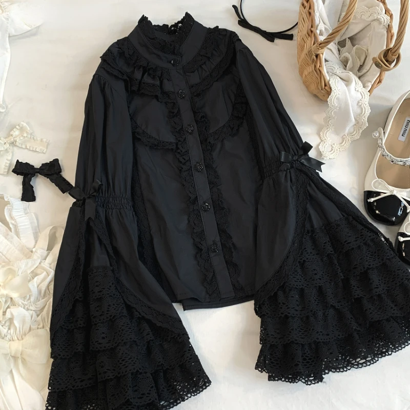 Japanese Gothic Lolita Style Shirts Women Victorian Vintage Lace Bow Long Sleeves Blouse Female Elegant Ruffles Collar Slim Tops