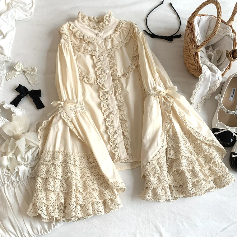 Japanese Gothic Lolita Style Shirts Women Victorian Vintage Lace Bow Long Sleeves Blouse Female Elegant Ruffles Collar Slim Tops