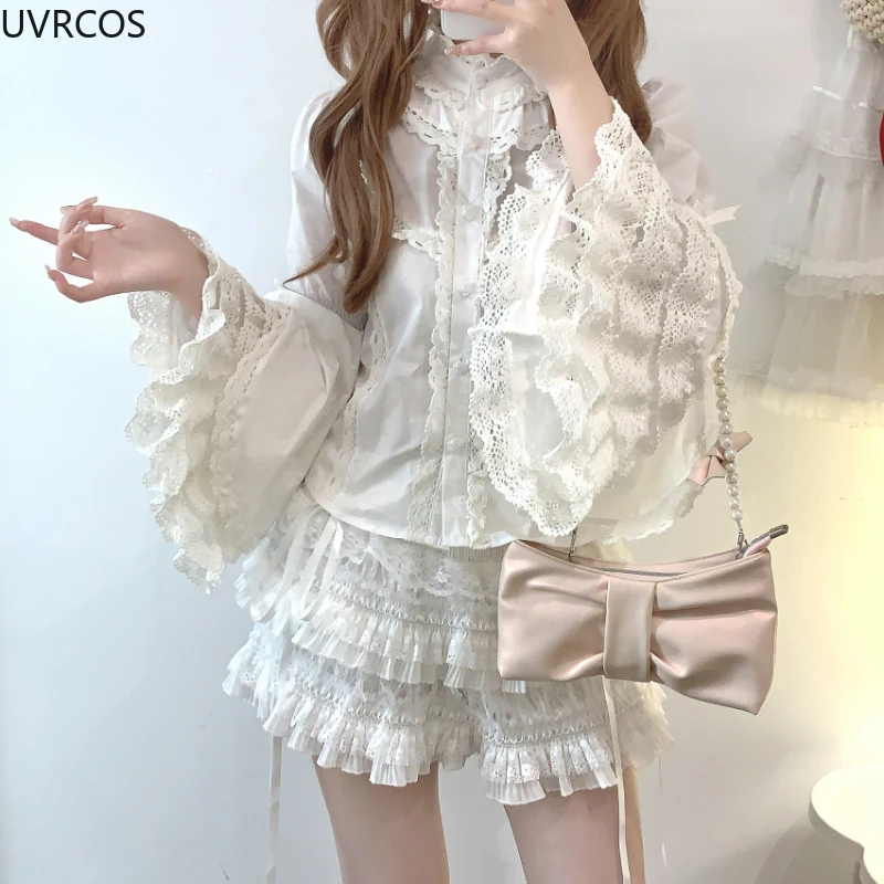 Japanese Gothic Lolita Style Shirts Women Victorian Vintage Lace Bow Long Sleeves Blouse Female Elegant Ruffles Collar Slim Tops