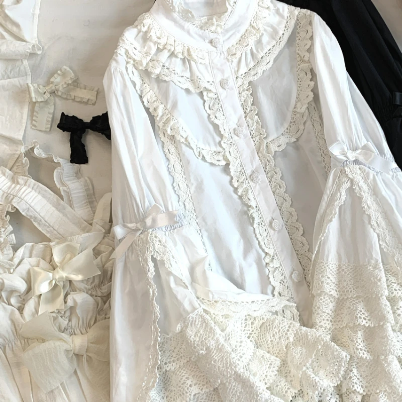 Japanese Gothic Lolita Style Shirts Women Victorian Vintage Lace Bow Long Sleeves Blouse Female Elegant Ruffles Collar Slim Tops