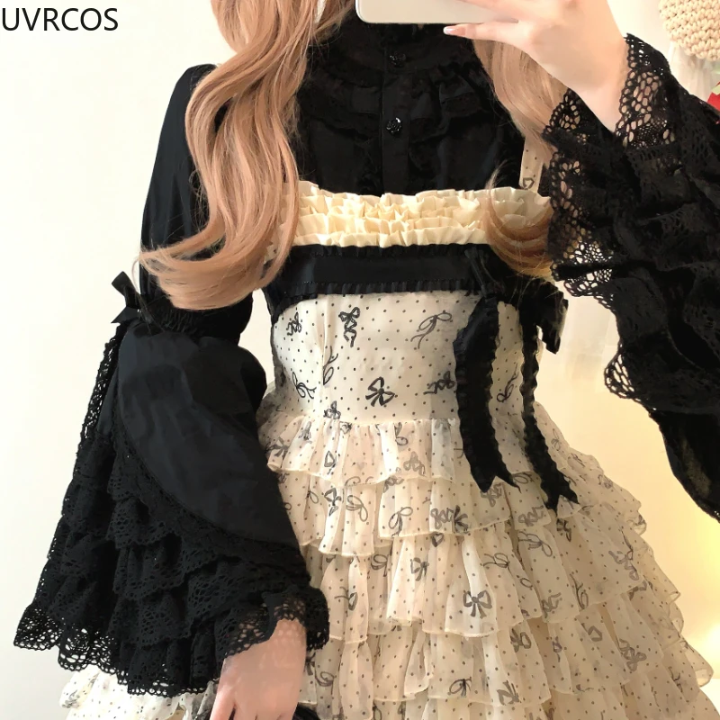 Japanese Gothic Lolita Style Shirts Women Victorian Vintage Lace Bow Long Sleeves Blouse Female Elegant Ruffles Collar Slim Tops