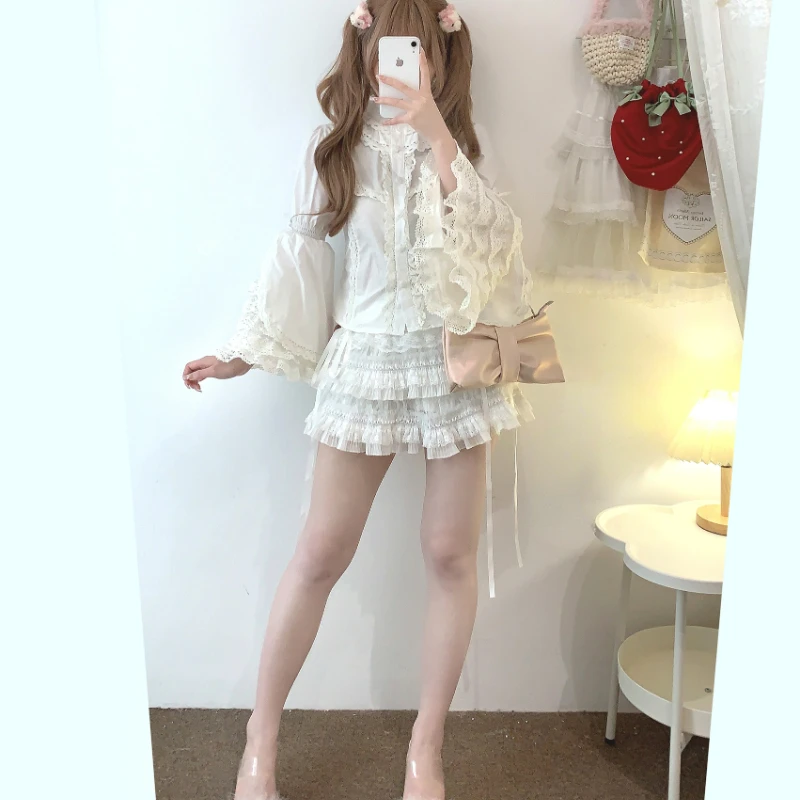 Japanese Gothic Lolita Style Shirts Women Victorian Vintage Lace Bow Long Sleeves Blouse Female Elegant Ruffles Collar Slim Tops