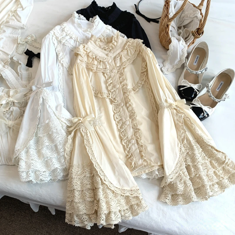 Japanese Gothic Lolita Style Shirts Women Victorian Vintage Lace Bow Long Sleeves Blouse Female Elegant Ruffles Collar Slim Tops
