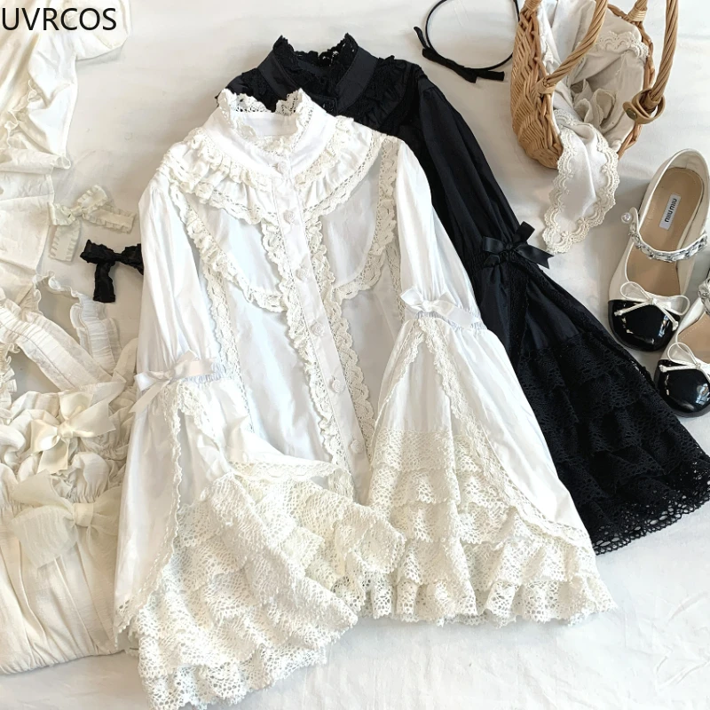Japanese Gothic Lolita Style Shirts Women Victorian Vintage Lace Bow Long Sleeves Blouse Female Elegant Ruffles Collar Slim Tops