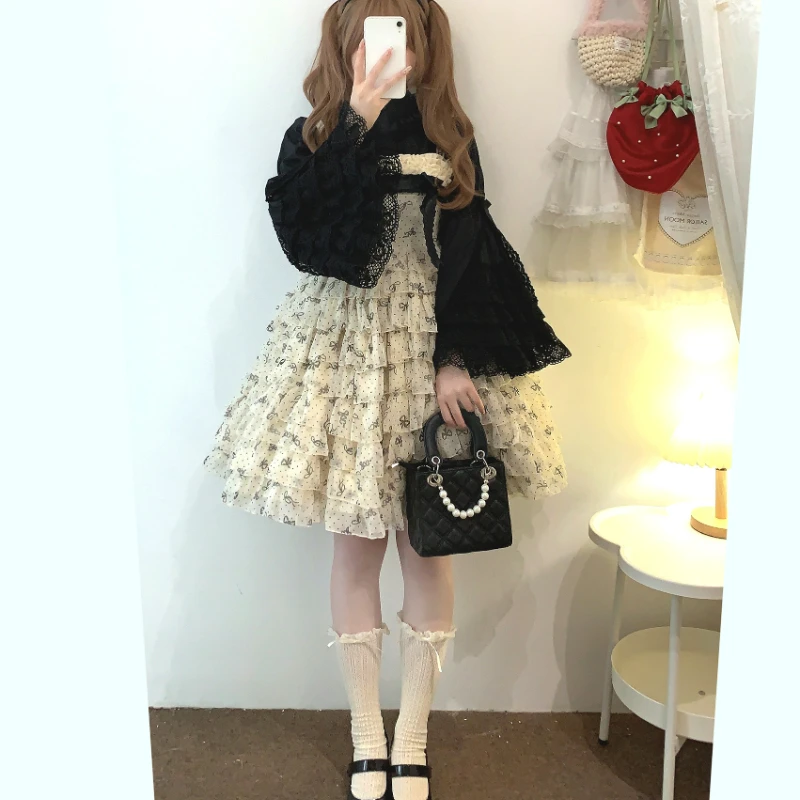 Japanese Gothic Lolita Style Shirts Women Victorian Vintage Lace Bow Long Sleeves Blouse Female Elegant Ruffles Collar Slim Tops