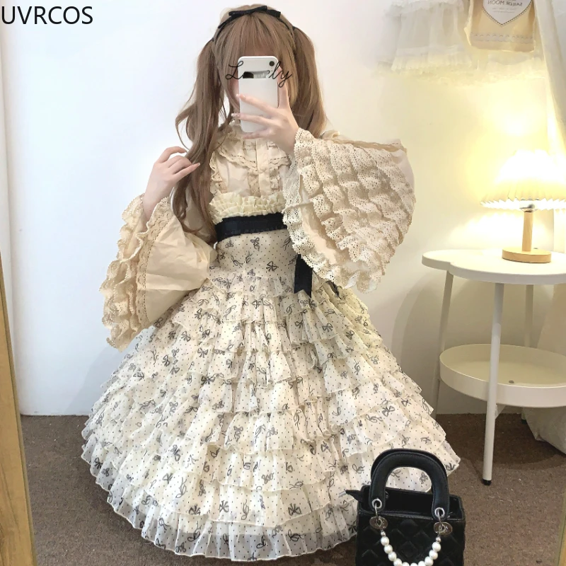 Japanese Gothic Lolita Style Shirts Women Victorian Vintage Lace Bow Long Sleeves Blouse Female Elegant Ruffles Collar Slim Tops