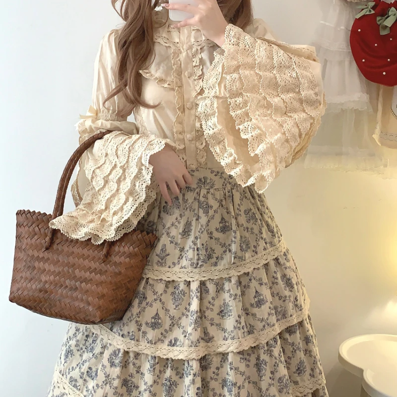 Japanese Gothic Lolita Style Shirts Women Victorian Vintage Lace Bow Long Sleeves Blouse Female Elegant Ruffles Collar Slim Tops