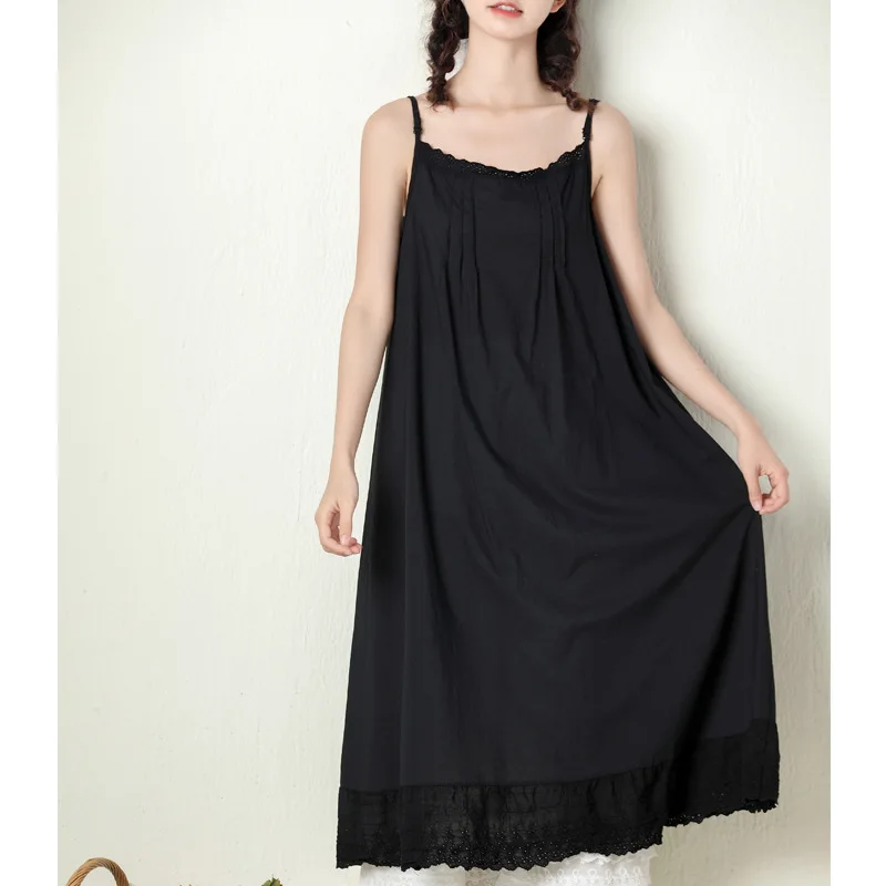 Johnature 2024 Summer New Japanese Casual Spaghetti Strap Thin All Match Dress For Women Solid Color Cotton Female Dresses