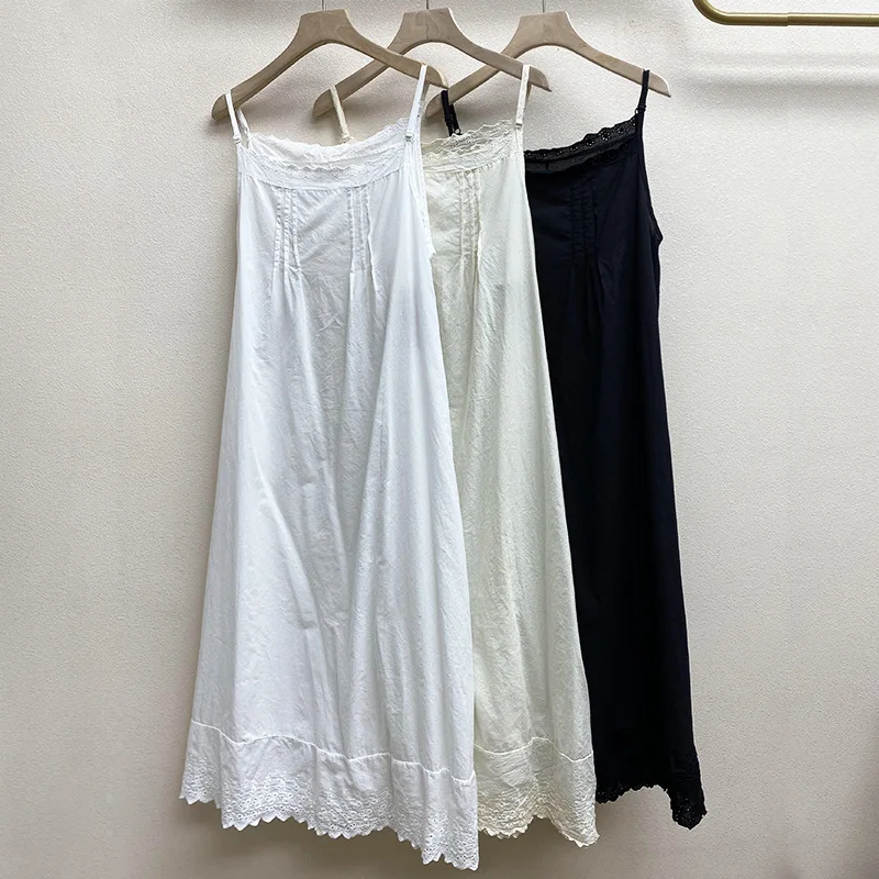 Johnature 2024 Summer New Japanese Casual Spaghetti Strap Thin All Match Dress For Women Solid Color Cotton Female Dresses