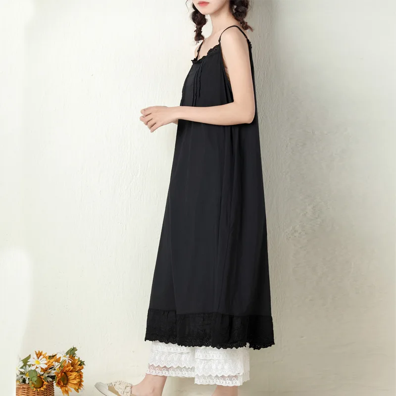 Johnature 2024 Summer New Japanese Casual Spaghetti Strap Thin All Match Dress For Women Solid Color Cotton Female Dresses