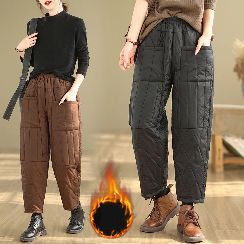 Women Winter Thick Cotton Velvet Padded Trousers Wide Leg Pants Women Warm Casual Pantalones Vintage High Waist Loose Sweatpants