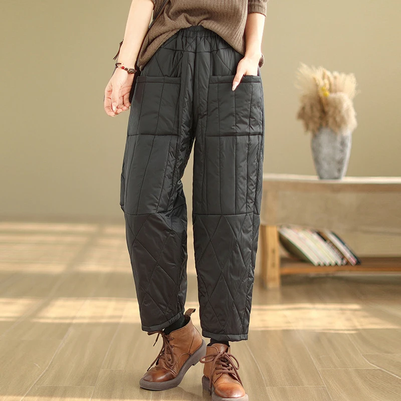 Women Winter Thick Cotton Velvet Padded Trousers Wide Leg Pants Women Warm Casual Pantalones Vintage High Waist Loose Sweatpants